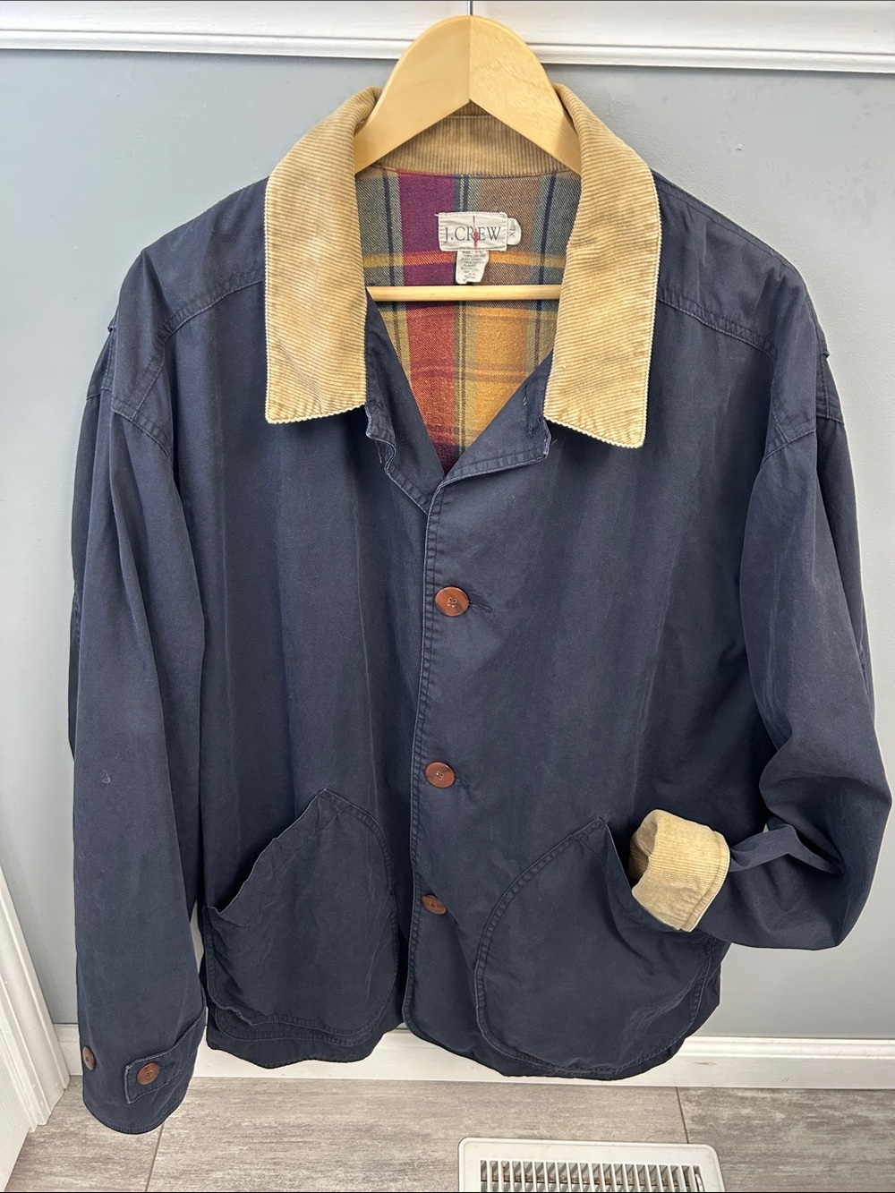 Vintage 90s J Crew Barn Jacket Mens XL Navy Plaid Flannel Lined Chore Coat